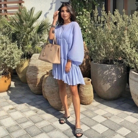 Zara Blue Pleated Long Sleeve Mini Dress - Picture 5 of 8